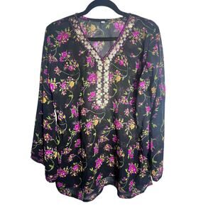 Black Floral Sheer Blouse Gorgeous Metallic Flower Embellishments Large  (K464)‎
